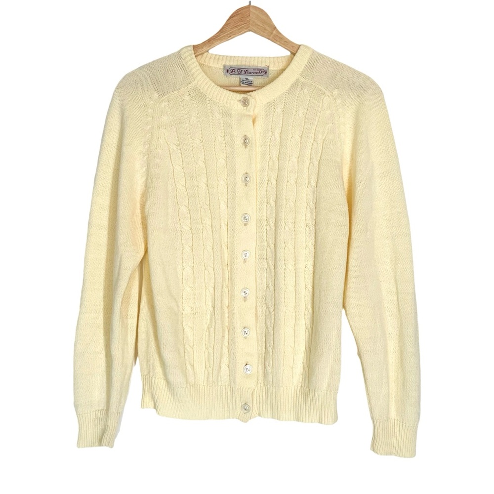 Vintage Cable Knit Cardigan Sweater by B.J. Barnett Size Small Creamy Yellow